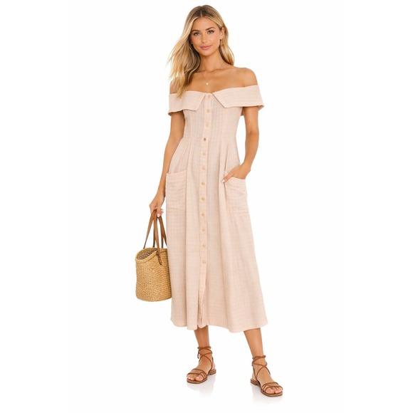 Reformation Dresses & Skirts - Reformation Adriel Tan Off‎ Shoulders Old Money Dress Buttoned Sundress 0 P XS